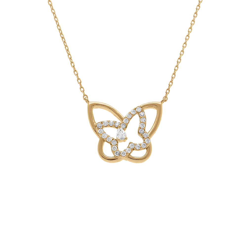 Collier en argent dor� avec papillons et oxydes blancs - 38+5cm - Vue 1