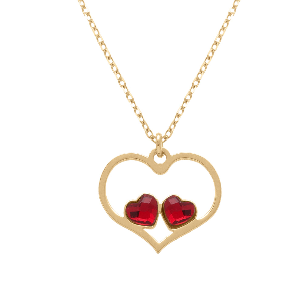 Collier en argent dor� avec pendentif coeur ajour� et deux oxydes rouges - 40+5cm - Vue 1