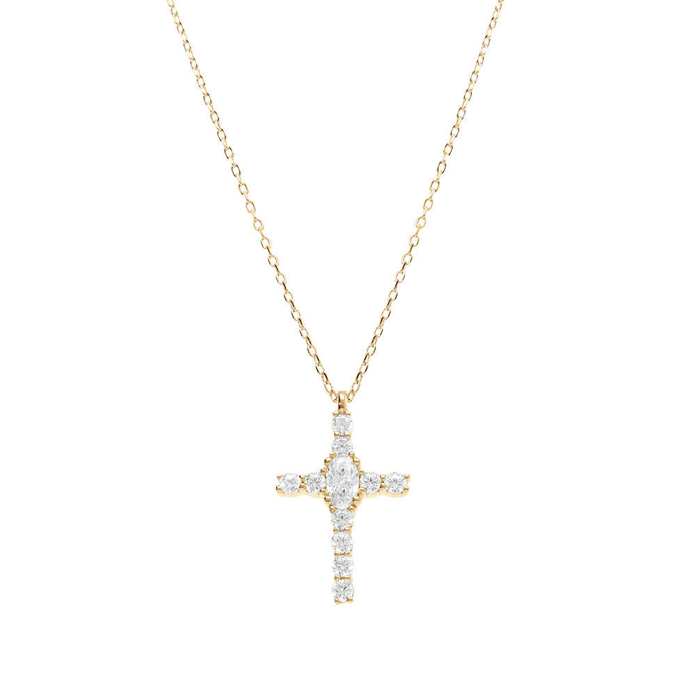 Collier en argent dor� avec pendentif croix (18 x 12mm) avec oxydes blancs sertis  38+5cm - Vue 1