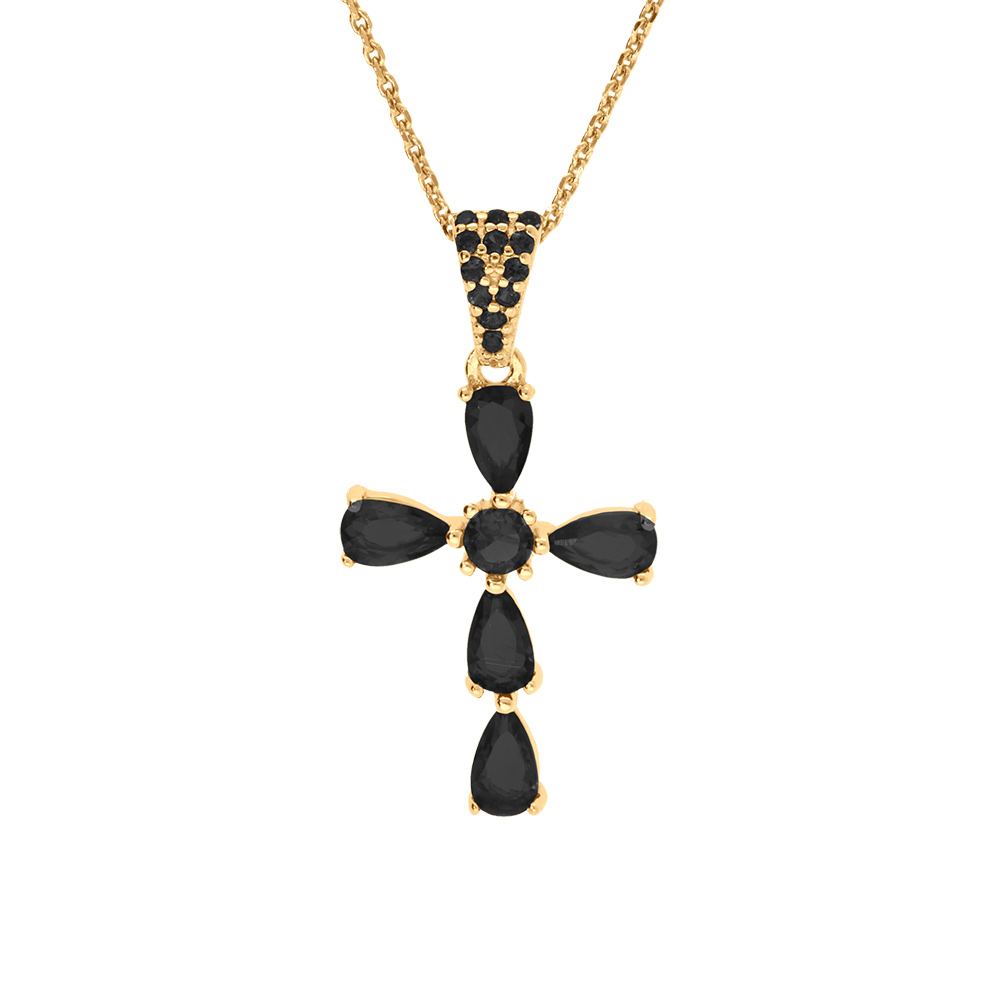 Collier en argent dor� avec pendentif croix d\'oxydes noir fonc�  38+5cm - Vue 1