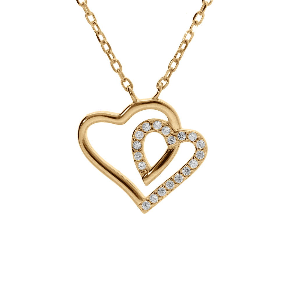 Collier en argent dor� avec pendentif double coeur contour d\'oxydes blancs 42+3cm - Vue 1