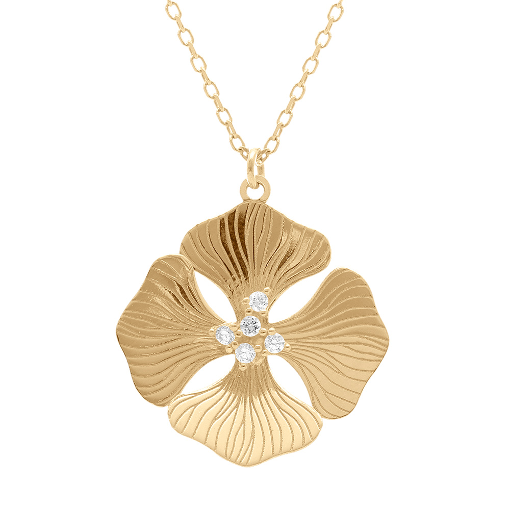 Collier en argent dor� avec pendentif fleur et oxydes blancs - 40+5cm - Vue 1