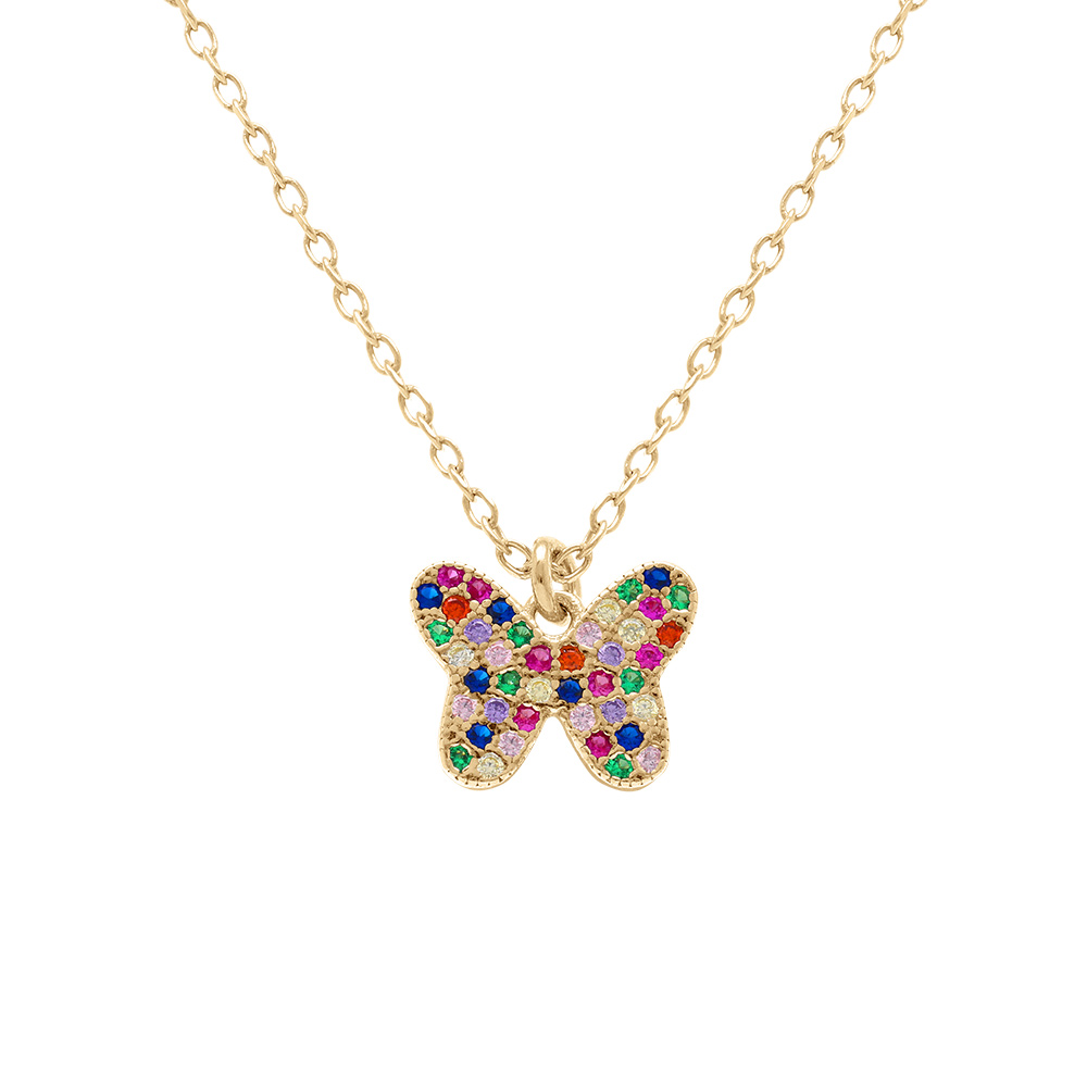 Collier en argent dor� avec pendentif papillon orn� d\'oxydes multi couleurs sertis - 40+5cm - Vue 1