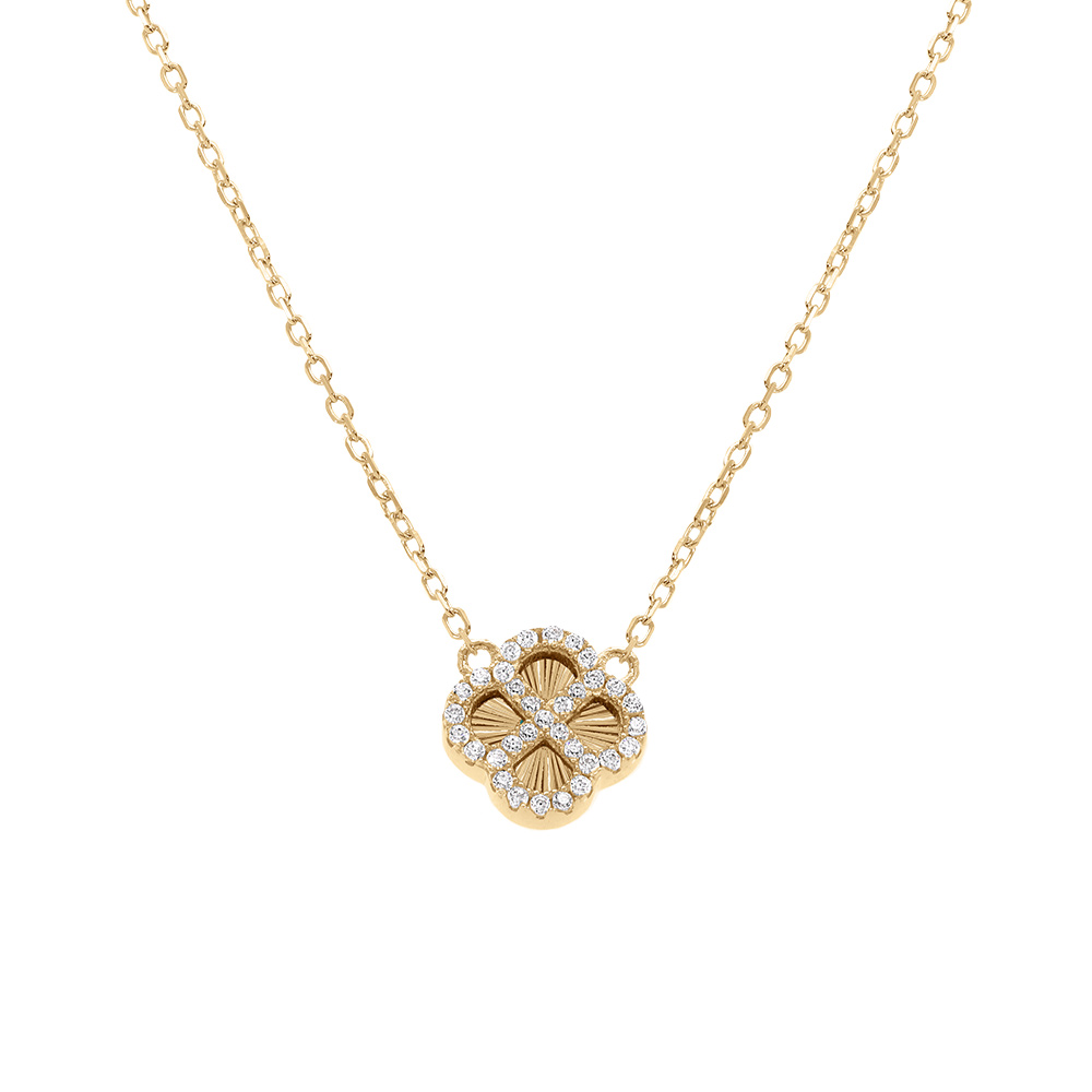 Collier en argent dor avec trfle sur fond diamant contour oxydes blancs - 40+5cm - Vue 1