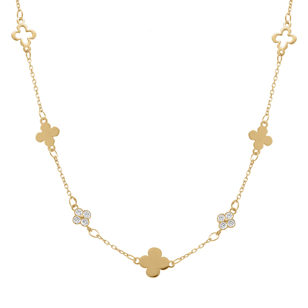 Collier en argent dor� avec tr�fles lisses et oxydes blancs - 40+5cm - Vue 1