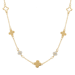 Collier en argent dor� avec tr�fles lisses et oxydes blancs - 40+5cm