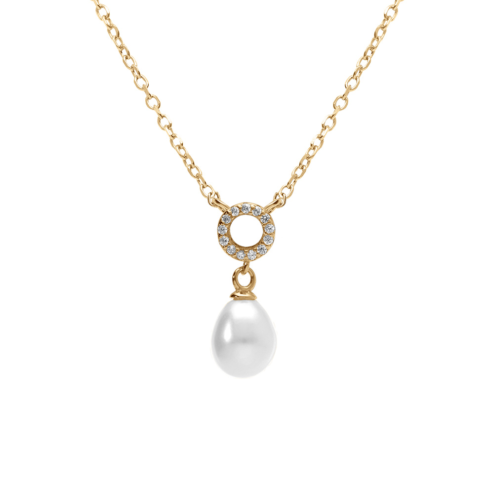 Collier en argent dor� cercle avec oxydes blancs sertis et perle blanche imitation  38+5cm - Vue 1