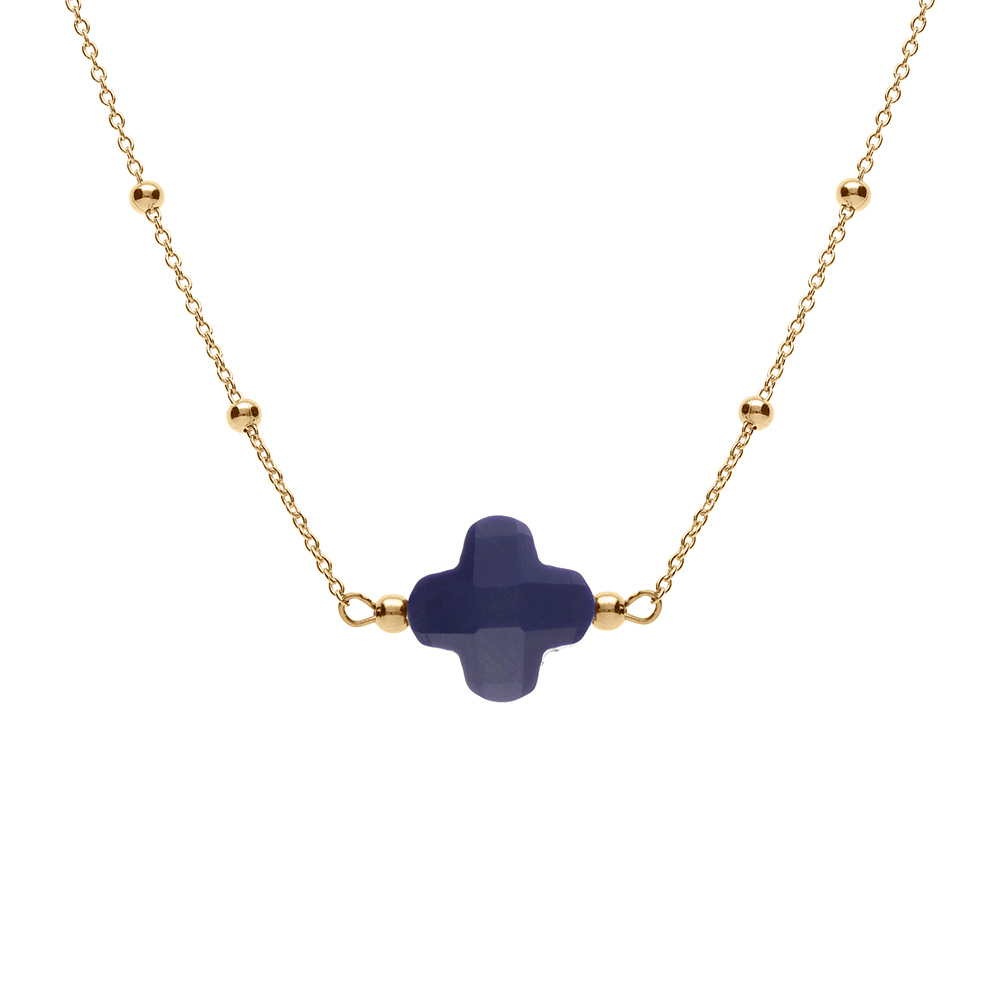 Collier en argent dor� cha�ne boules et tr�fle en verre facet� bleu marine 38+5cm - Vue 1