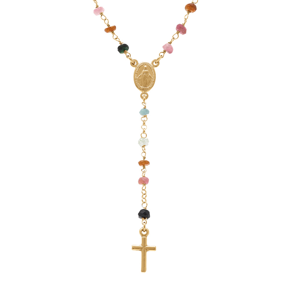 Collier en argent dor� chapelet boules facet�es tourmaline multi couleurs  - 45+5cm - Vue 1