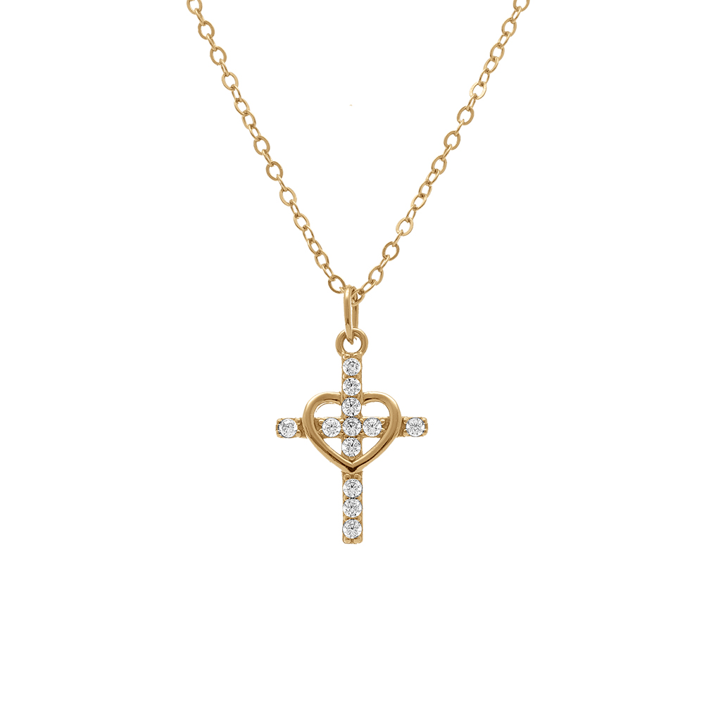 Collier en argent dor� coeur avec croix orn�e d\'oxydes blancs - 38+5cm - Vue 1