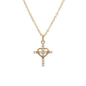 Collier en argent dor coeur avec croix orne d\'oxydes blancs - 38+5cm - Vue 1