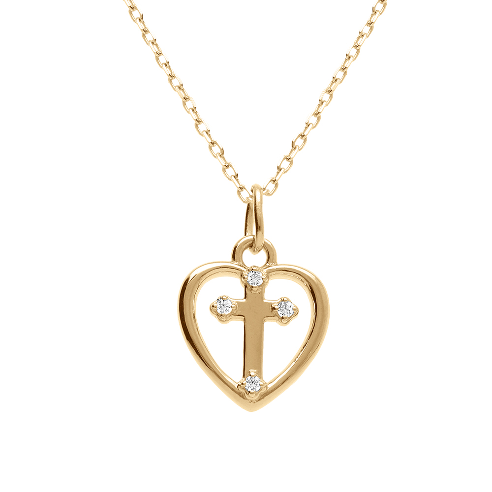 Collier en argent dor� coeur et croix avec oxydes blancs sertis - 40+3cm - Vue 1