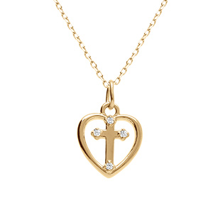 Collier en argent dor coeur et croix avec oxydes blancs sertis - 40+3cm