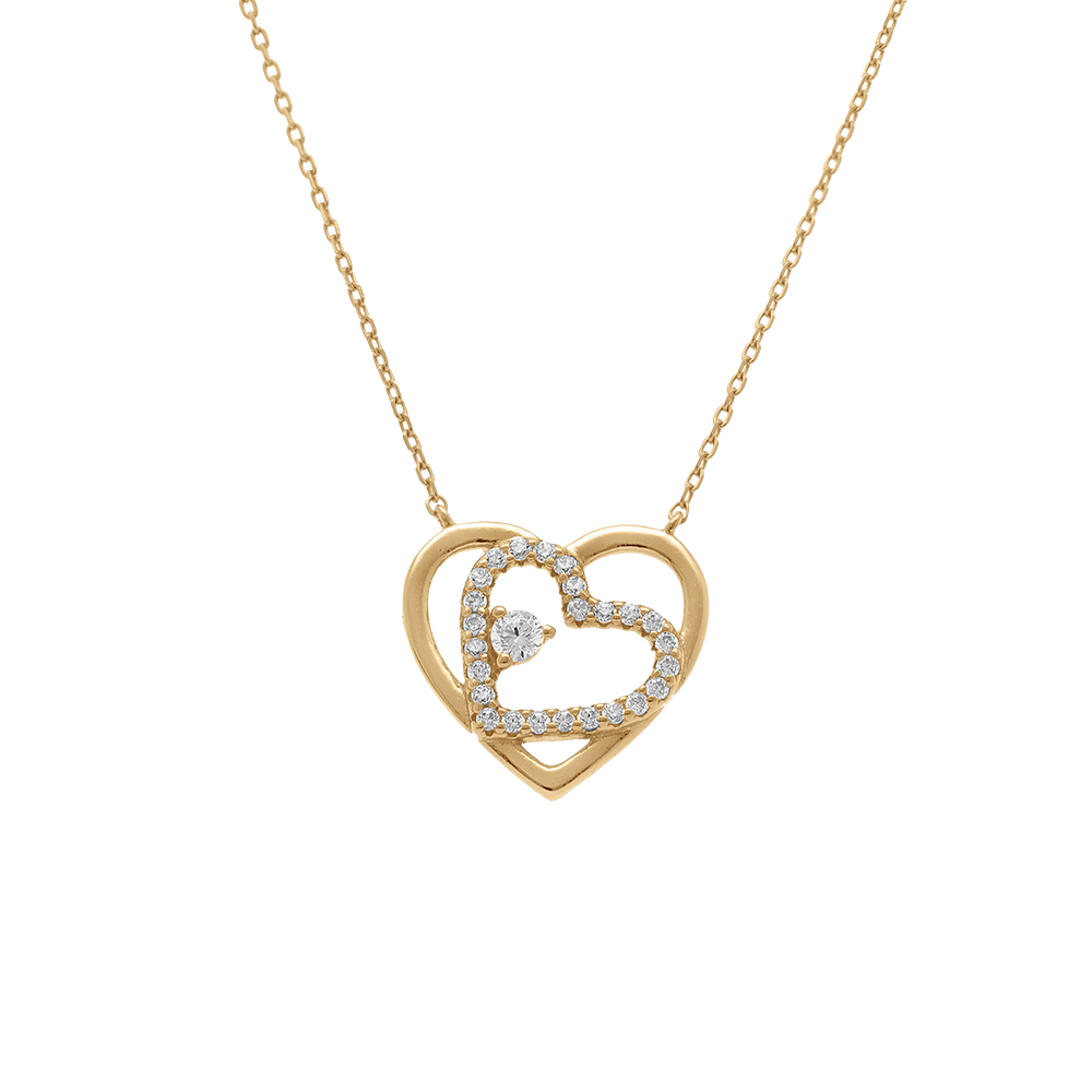 Collier en argent dor� deux coeurs dont un avec oxydes blancs - 42+3cm - Vue 1