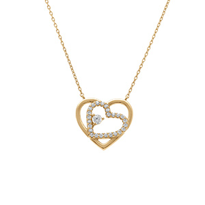 Collier en argent dor deux coeurs dont un avec oxydes blancs - 42+3cm - Vue 1