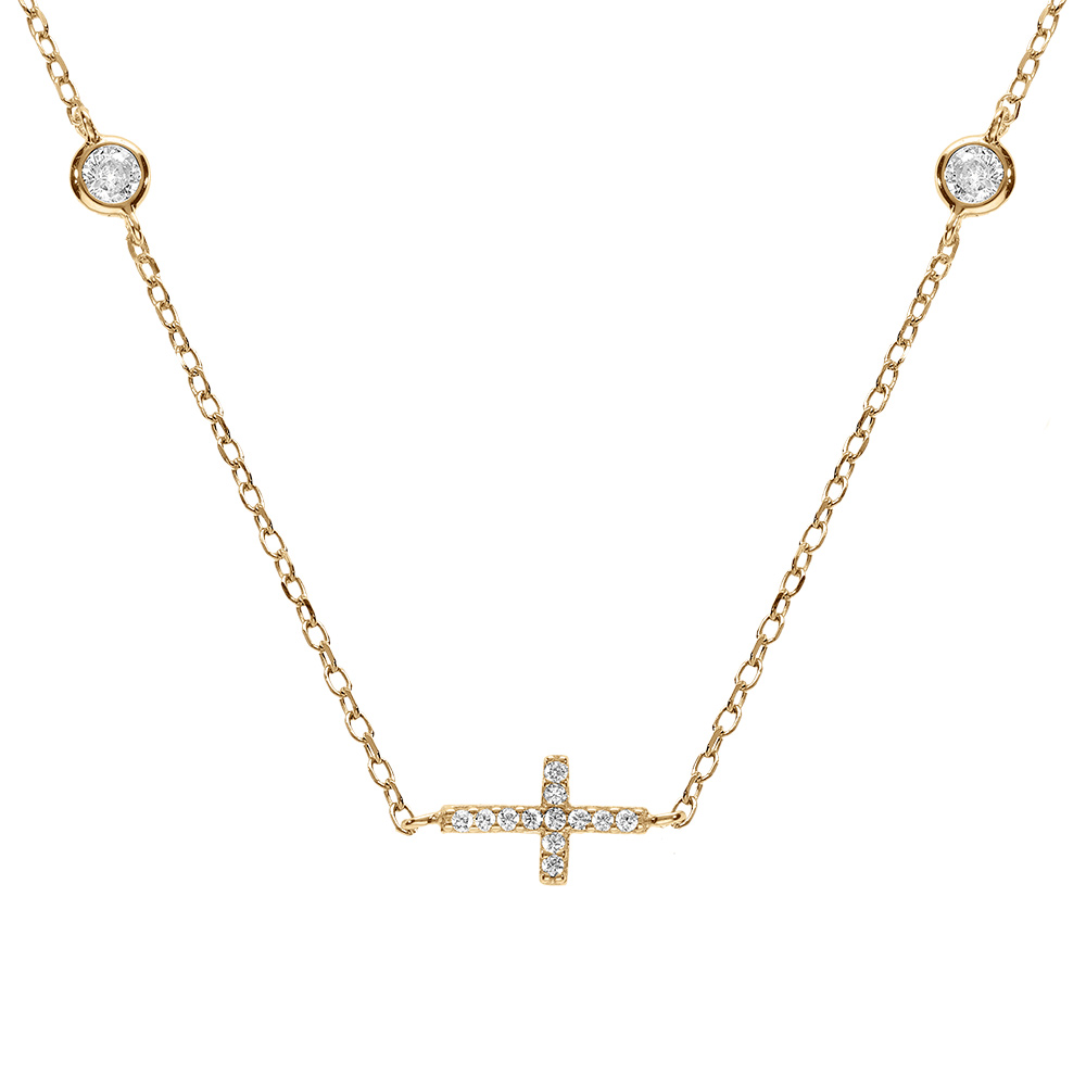 Collier en argent dor� deux oxydes blancs sertis clos avec croix d\'oxydes blancs sertis  40+5cm - Vue 1