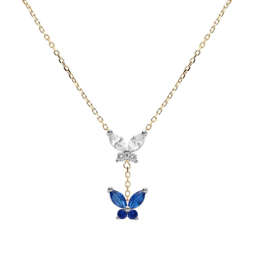 Collier en argent dor� deux papillons d\'oxydes blanc et bleu fonc� sertis,  38+5cm - Vue 1