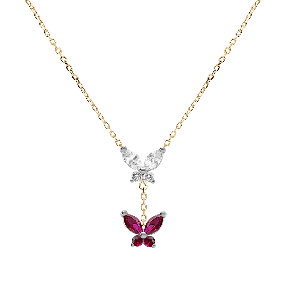Collier en argent dor� deux  papillons d\'oxydes blanc et fushia sertis,  38+5cm - Vue 1