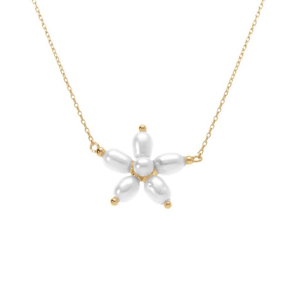 Collier en argent dor� fleur perle blanche imitation 38+5cm - Vue 1