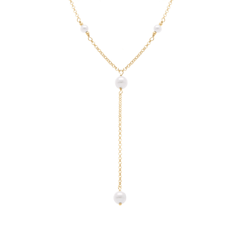 Collier en argent dor� forme cravate perles blanches imitation _  38+5cm - Vue 1