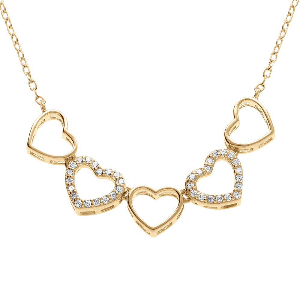 Collier en argent dor� multi avec coeurs lisses et et deux c oeurs orn�s d\'oxydes blancs sertis - 40+3cm - Vue 1