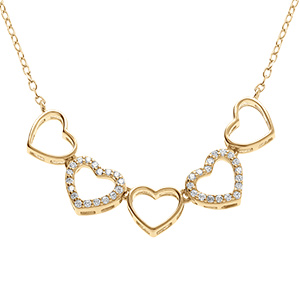 Collier en argent dor multi avec coeurs lisses et et deux c oeurs orns d'oxydes blancs sertis - 40+3cm