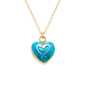 Collier en argent dor� pendentif coeur bomb� r�sine a chaud bleu ciel recto verso - 41+3cm