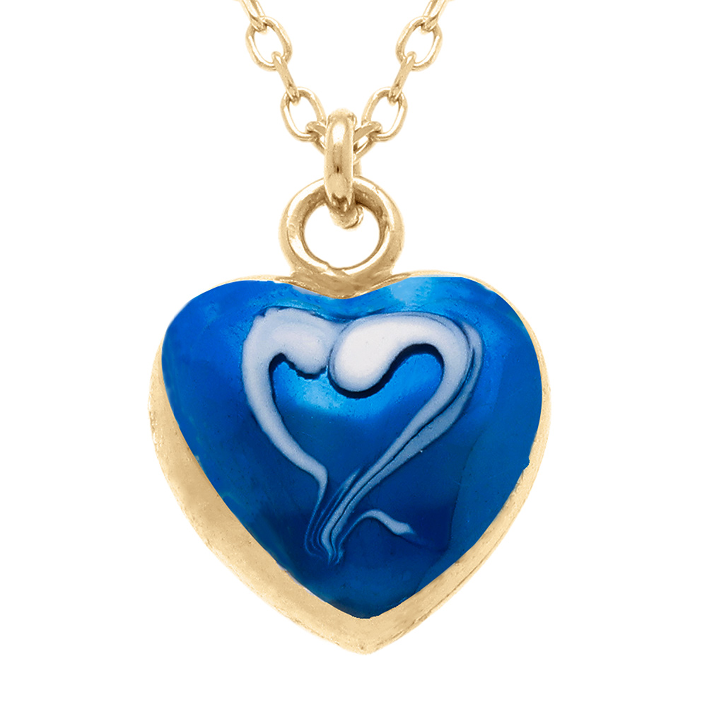 Collier en argent dor� pendentif coeur bomb� r�sine a chaud bleu fonc� recto verso - 41+3cm - Vue 1