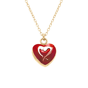 Collier en argent dor� pendentif coeur bomb� r�sine a chaud rouge fonc� recto verso - 41+3cm