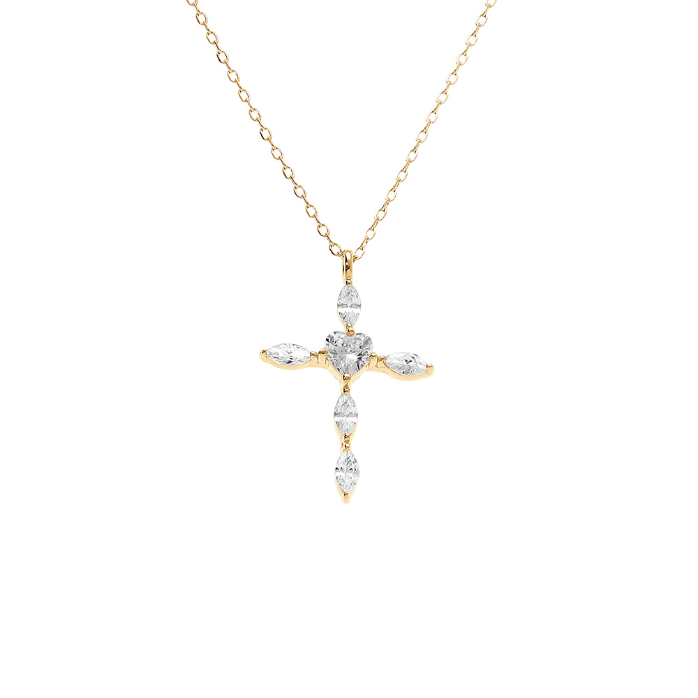 Collier en argent dor� pendentif croix 20 x 13mm oxydes blancs sertis  - 38+5cm - Vue 1