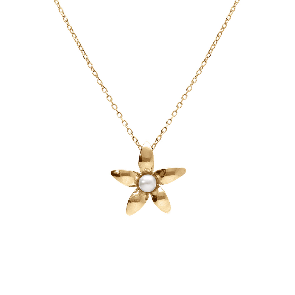 Collier en argent dor pendentif petite fleur et perle blanche imitation 40+5cm - Vue 1