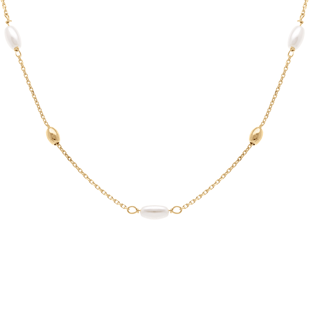 Collier en argent dor� perle blanche imitation et olives - 38+5cm - Vue 1