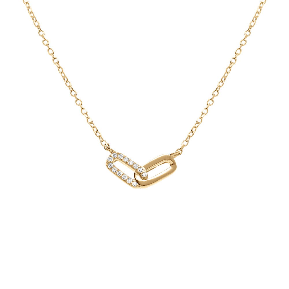 Collier en argent dor� 2 rectangles entrelac�s 1 lisse 1 avec oxydes blancs sertis  39+4cm - Vue 1