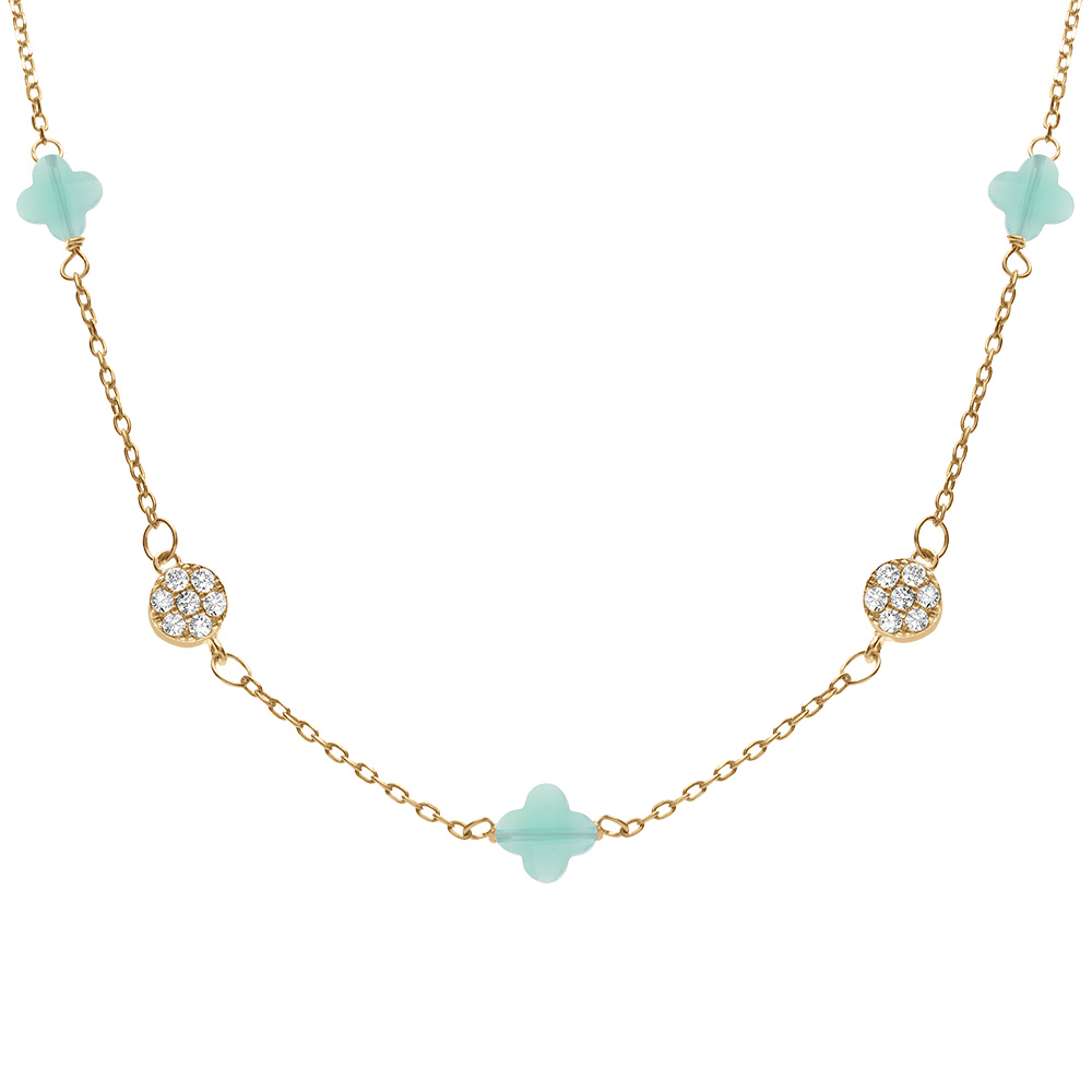 Collier en argent dor� tr�fle en verre bleu glacial et fleurs oxydes blancs - 42+3cm - Vue 1