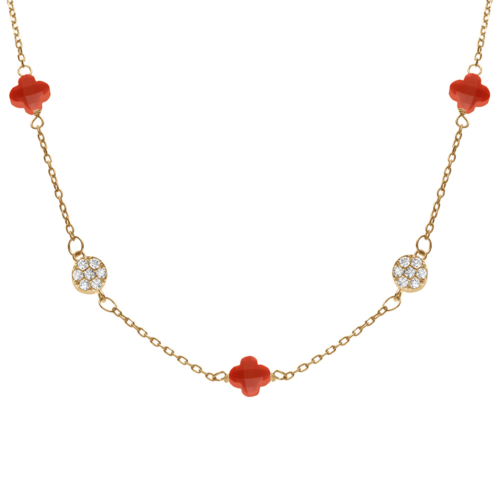 Collier en argent dor� tr�fle en verre corail et fleurs oxydes blancs - 42+3cm - Vue 1