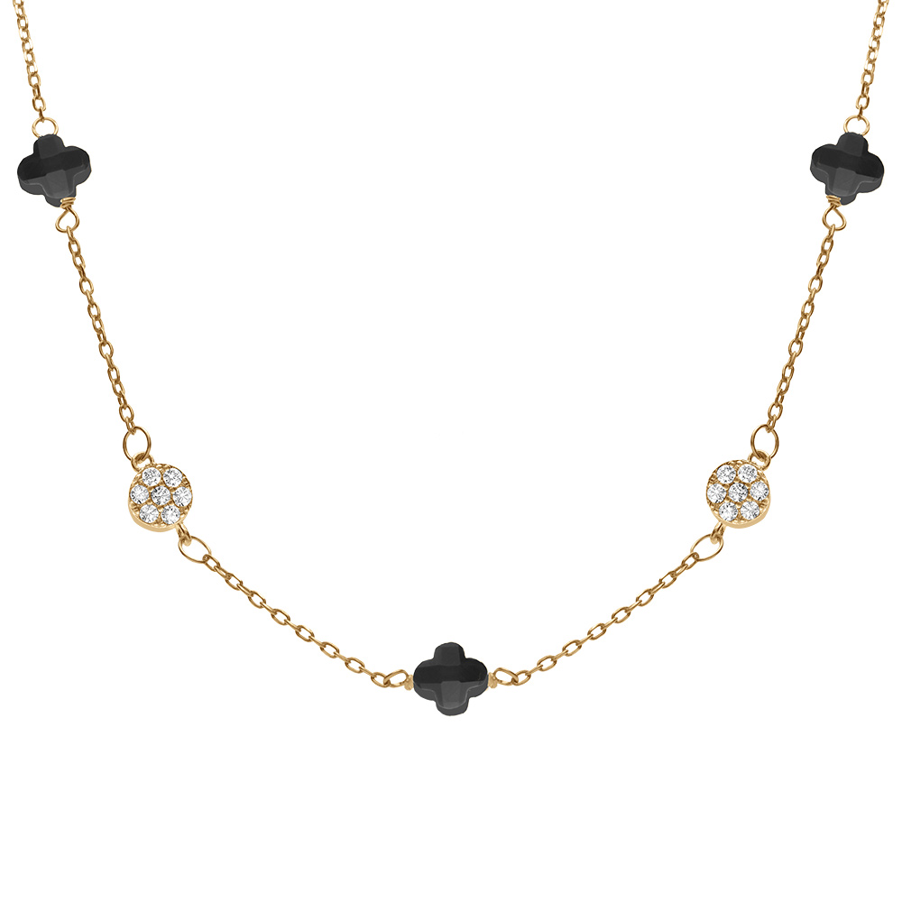 Collier en argent dor� tr�fle en verre noir et fleurs oxydes blancs - 42+3cm - Vue 1