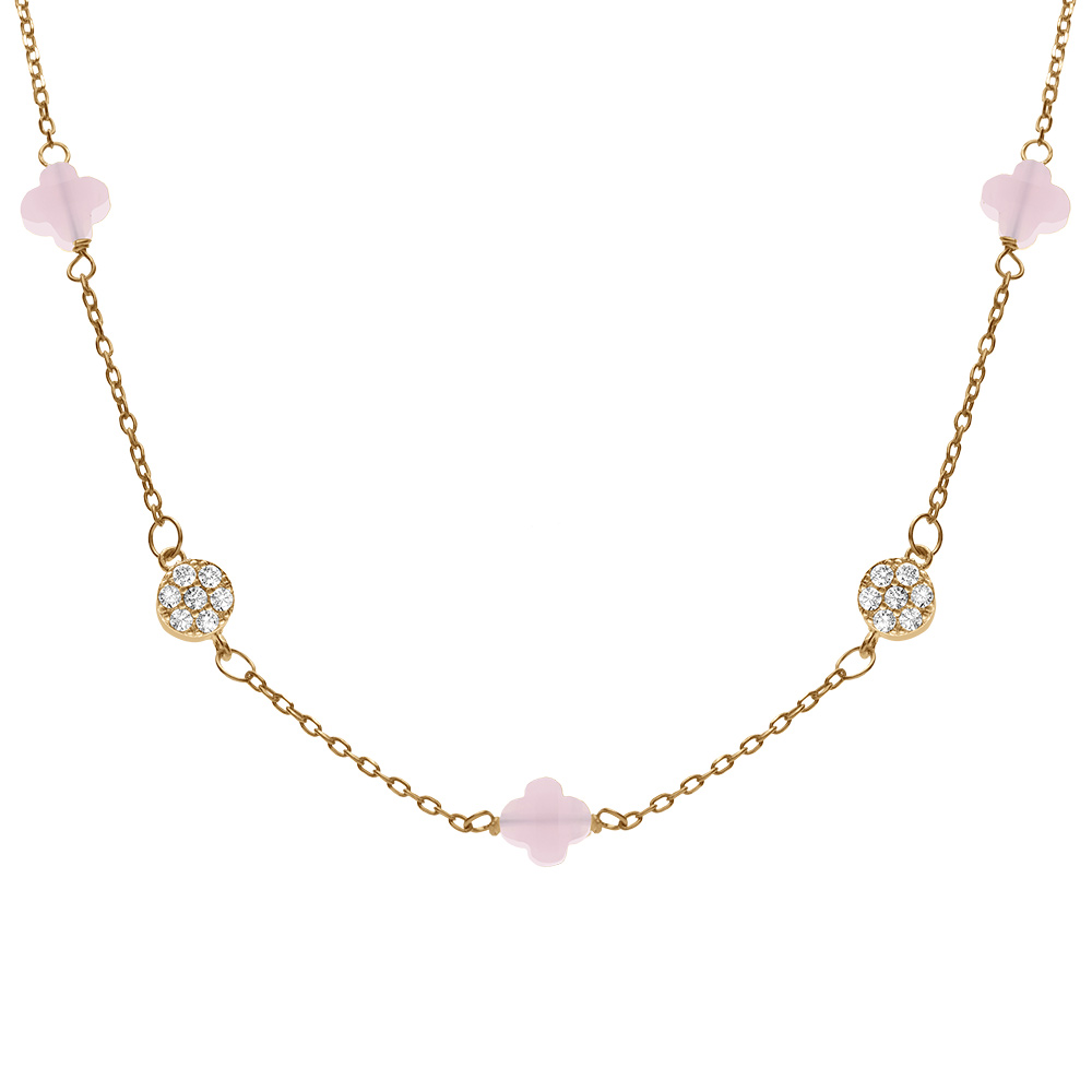 Collier en argent dor� tr�fle en verre rose et fleurs oxydes blancs - 42+3cm - Vue 1