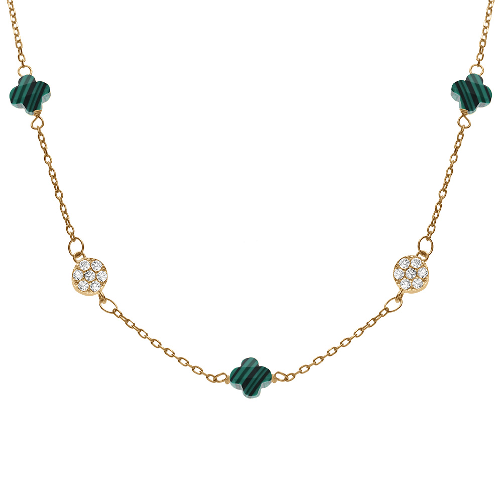 Collier en argent dor� tr�fle en verre vert malachite imitation et fleurs oxydes blancs - 42+3cm - Vue 1