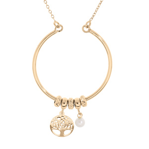 Collier en argent et dor jaune avec cercle avec anneaux et pampilles arbre de vie et perle blanche de culture d\'eau douce 40+5cm - Vue 1
