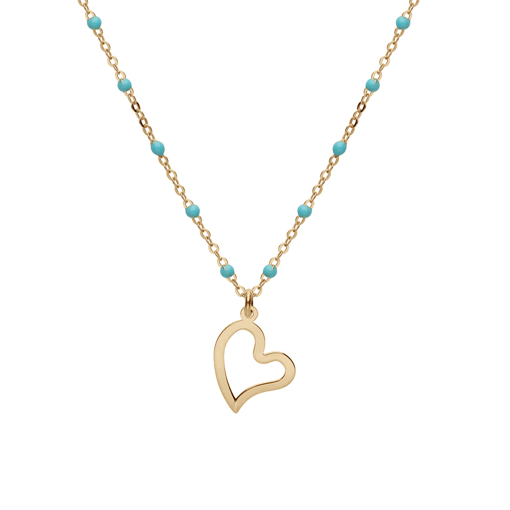 Collier en argent et dore jaune cha�ne avec boules couleur imitation avec pampille coeur 40+5cm - Vue 1