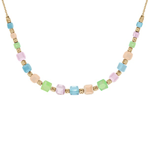 Collier en argent et dorure jaune avec cubes en verre couleurs pastels 42+5cm - Vue 1