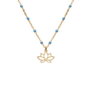 Collier en argent et dorure jaune chane avec boules couleur bleu avec pendentif fleur de lotus 40+5cm - Vue 1