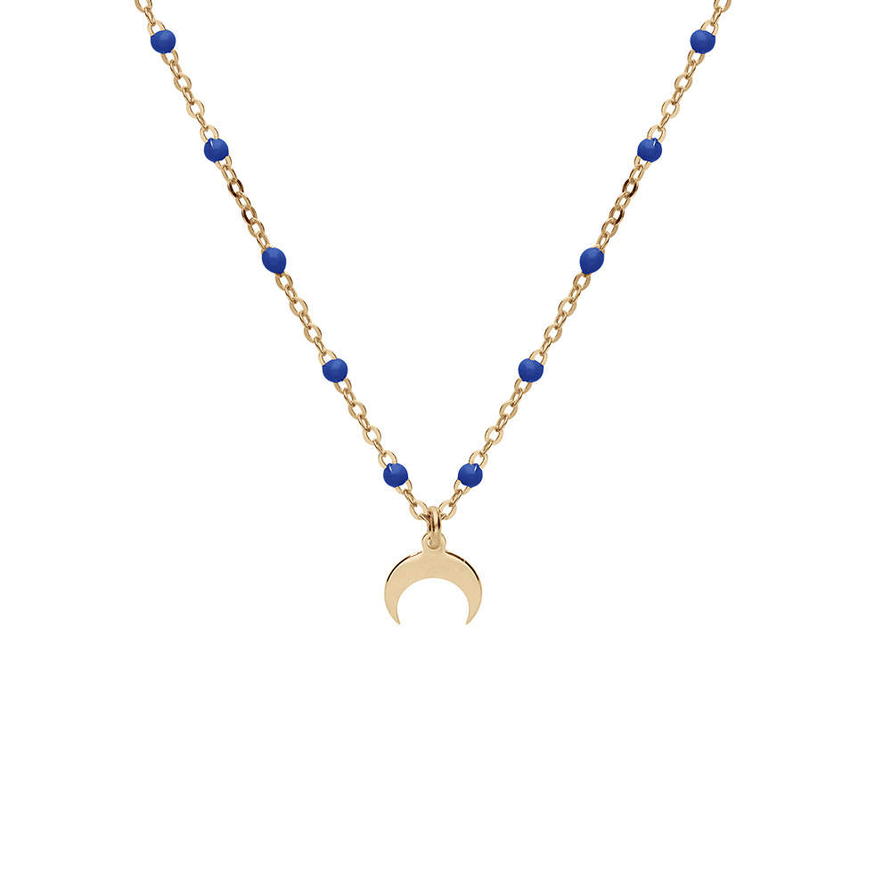 Collier en argent et dorure jaune cha�ne avec boules couleur bleu fonc� avec pendentif demi lune 40+5cm - Vue 1