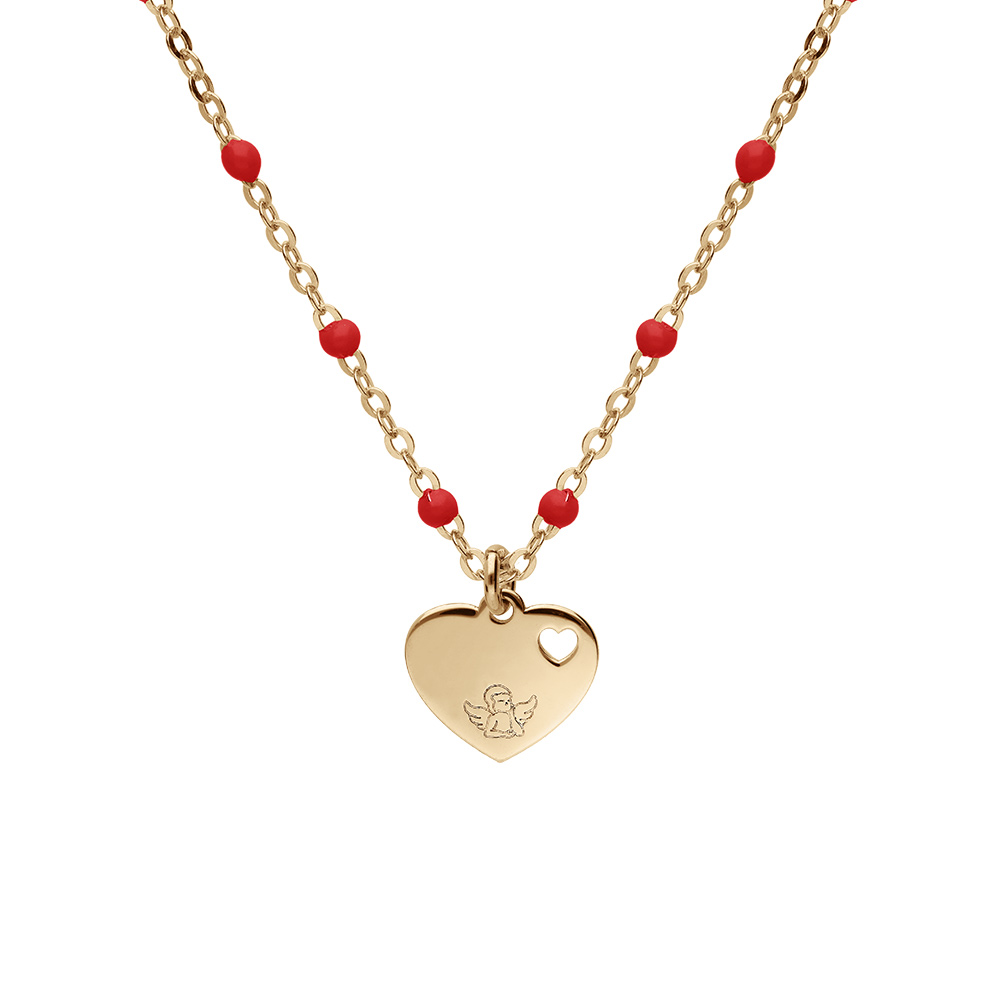 Collier en argent et dorure jaune cha�ne avec boules couleur rouge avec pendentif coeur 40+5cm - Vue 1