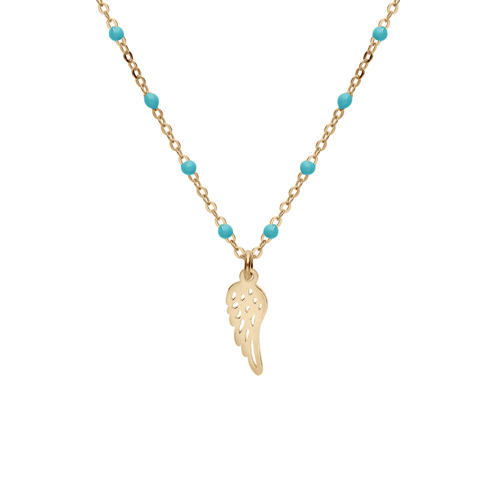 Collier en argent et dorure jaune cha�ne avec boules couleur turquoise avec pendentif plume 40+5cm - Vue 1