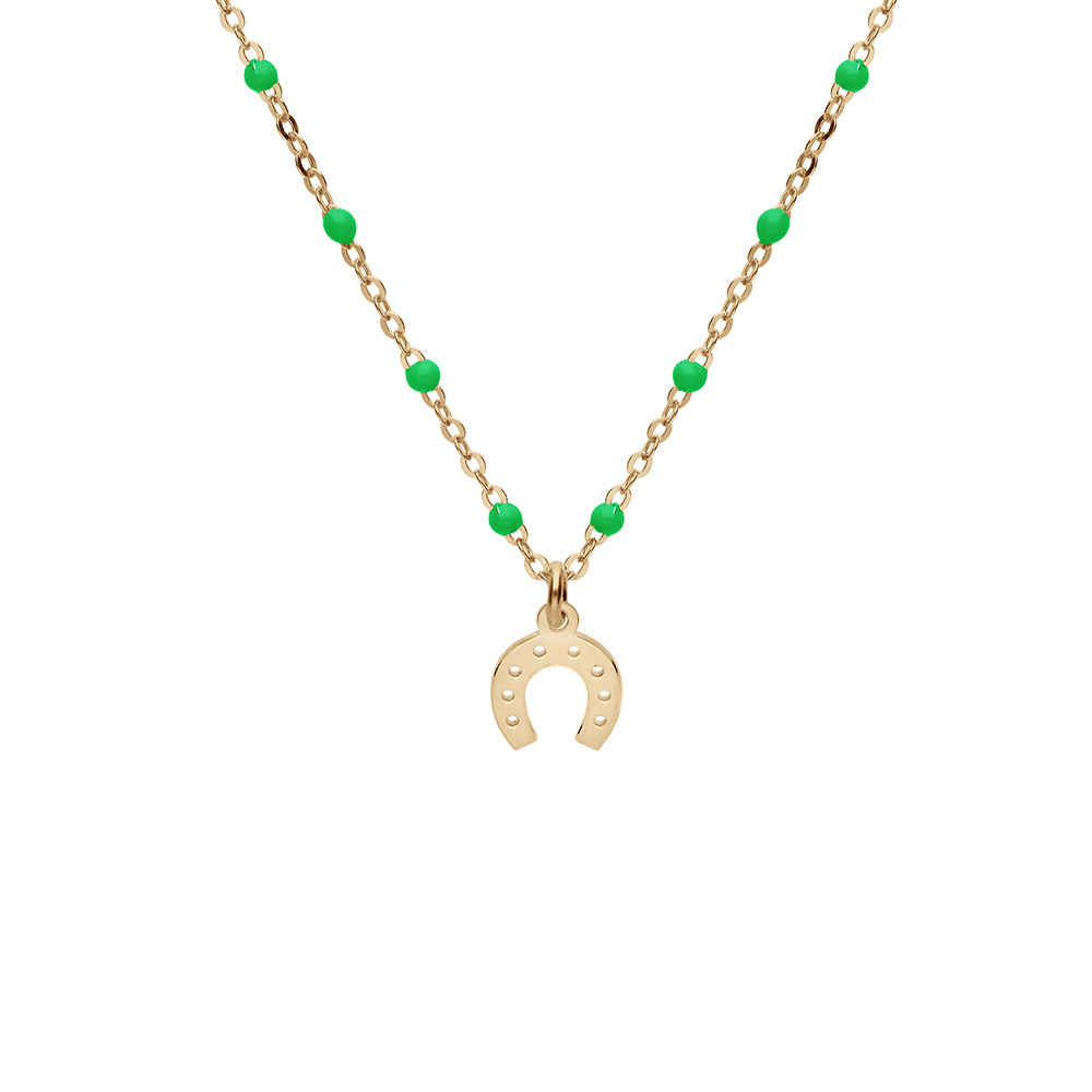Collier en argent et dorure jaune cha�ne avec boules couleur verte avec pendentif fer � cheval 40+5cm - Vue 1