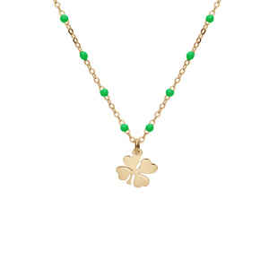 Collier en argent et dorure jaune chane avec boules couleur verte avec pendentif trfles 40+5cm - Vue 1