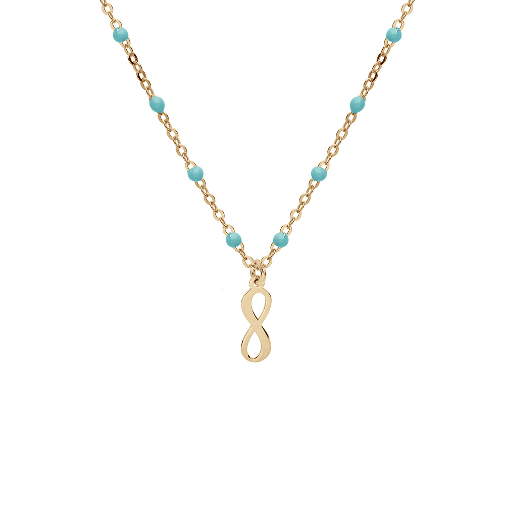 Collier en argent et dorure jaune cha�ne avec boules de couleur turquoise et motif infini 40+5cm - Vue 1