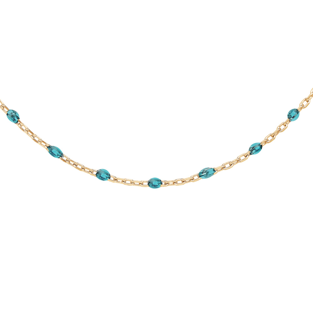 Collier en argent et dorure jaune cha�ne avec olives couleur bleu transparent 40+5cm - Vue 1