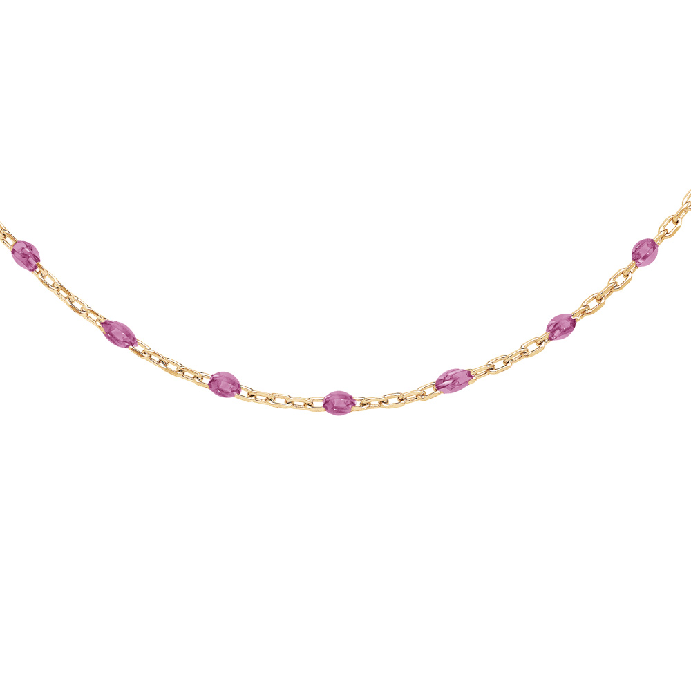 Collier en argent et dorure jaune cha�ne avec olives couleur framboise translucide 40+5cm - Vue 1